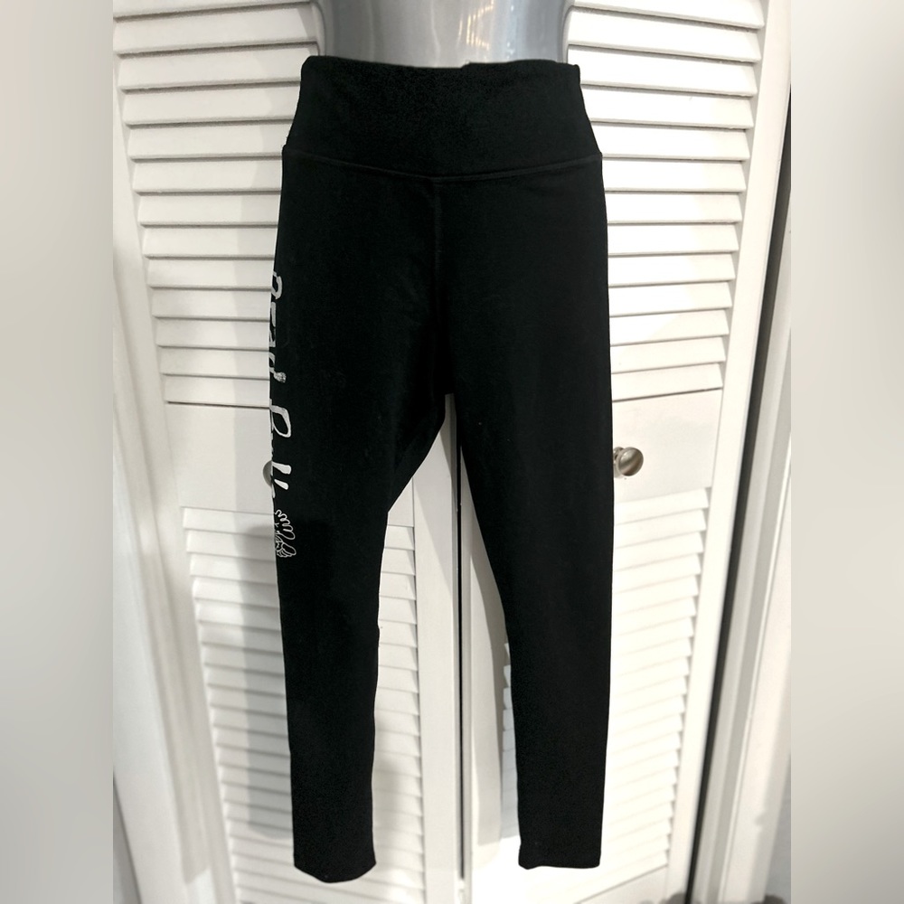 Sport-Tek XS black athletic leggings with local bar logo on leg